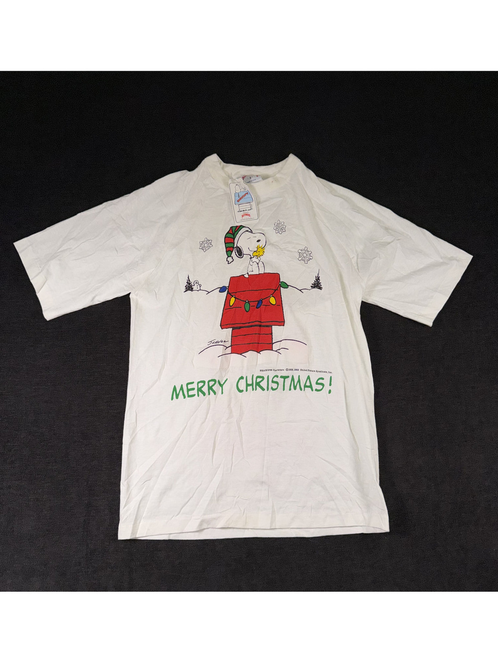 Vintage Nutmeg Mills Snoopy Merry Christmas White T-Shirt Size Small